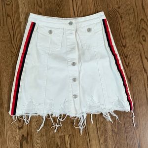 Distressed white fringe bottom denim skirt with side stripe